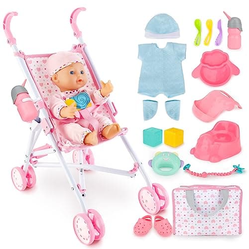 deAO Baby Doll Stroller Set with 13 inch Doll & 18Pcs Pcs (Include Doll)