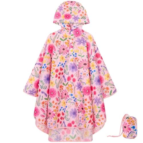 WAWSAM Kids Poncho Waterproof - Flower Rain Poncho for Girls - Lightweight Hooded Raincoat with Storage Bag - Portable Rainwear for School & Travel