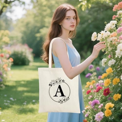 Tecanne Personalised Initial Canvas Tote Bag and Makeup Bag Set, 26 Letters Monogrammed Cotton Reusable Bags for Beach Travel Work School, Gift for Women Mum Teachers Nurses (A) — view 6