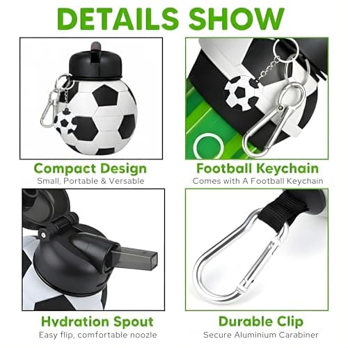 Mastery Football Collapsible Water Bottle - Football Gifts for Boys and Girls - Collapsible Water Bottle with Keychain Birthday Gift - Silicone Expandable Sports Water Bottle 550ml (Block-C) — view 2