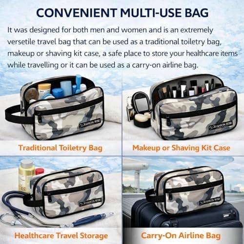 Water-Resistant Toiletry Bag for Men & Women - Lightweight Travel Wash Bag with Multiple Compartments, Compact Dopp Kit Cosmetic Organizer, Durable Nylon Shaving & Makeup Storage Case (Camo Grey) — view 6