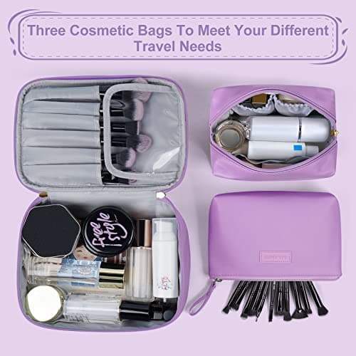 MAANGE 3 Pcs Makeup Bag(L+M+S) Travel Cosmetic Bags with Brush Compartment PU Leather Small Makeup Bag Portable Make Up Bag Versatile Zipper Makeup Pouch for Women, Purple — view 3
