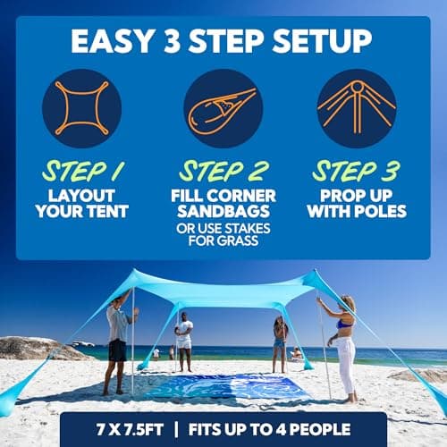 SUN NINJA Mini Beach Tent - UPF50+ Partial Shade Sun Shelter & Carry Bag - Camping or Beach Portable Pop Up Umbrella Alternative - Easy Set Up - 2.1x2.3 m (7x7.5 ft) - Turquoise — view 3