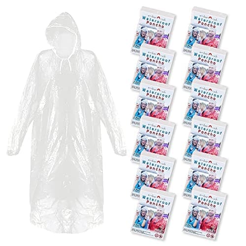 Ember Rock Disposable Rain Poncho - 12 Pack Waterproof Emergency Raincoats - Hood & Sleeves - Men & Women (UK, Alpha, One Size, Regular, Regular, 12 Pack)