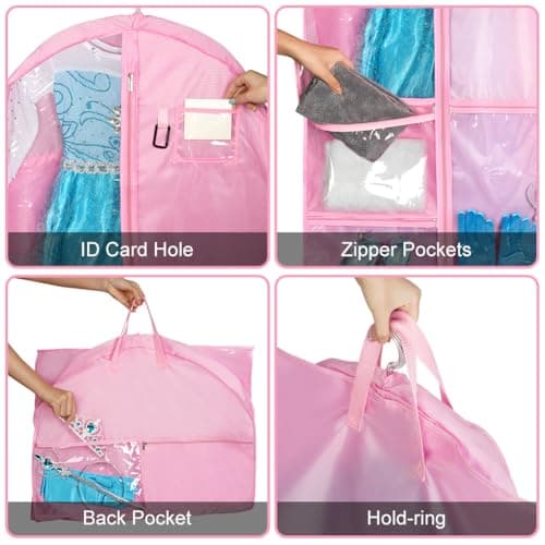 OSDUE Clothes Covers, 40 inch WaterproofHanging Garment Bags with 5 Zipper Pocket and ID Slot Pockets Foldable Kids Dance Costume Garment Bag Travel Storage Bag for Dancers Travel Competitions (Pink) — view 4