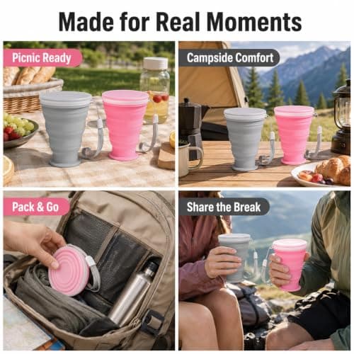 Livawnd MSLSOZ 300ml Silicone Foldable Camping Cups, 2 Pack, Pink & Grey — view 5