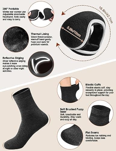 heekpek Mens Hat Scarf Glovers Set Unisex 5PCS Winter Set in Gift Box Fleece Lining Knitted Beanie Hat Earmuffs Neck Warmer Knit Gloves Thermal Socks Gift Set for Skiing Hiking Driving, Black — view 6