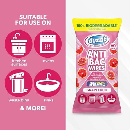 Duzzit Antibacterial Wipes - Kills 99.9% of Bacteria | 100% Biodegradable - Made From Plant Fibres | Anti Bac Wipe for Kitchen Surfaces, Waste Bins, Bathrooms & More (60 Wipes, Grapefruit) — view 2