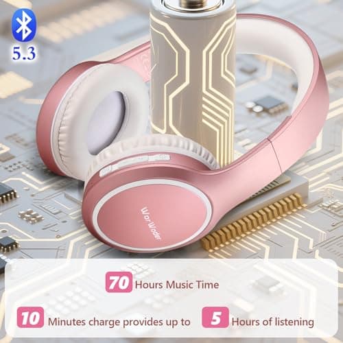 Bluetooth Headphones Over Ear, 70H Playtime and 3 EQ Music Modes Wireless Headphones with Microphone, HiFi Stereo Foldable Lightweight Headset, Deep Bass for Home Office Cellphone PC (Rose Gold) — view 2