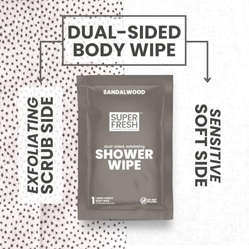 Super Fresh Shower Wipes Large Sandalwood Body Wipes for No Rinse Bathing Personal Hygiene Gym Travel or Camping Enriched with Aloe and Vitamin E 10 Individually Wrapped Disposable Sheets — view 3