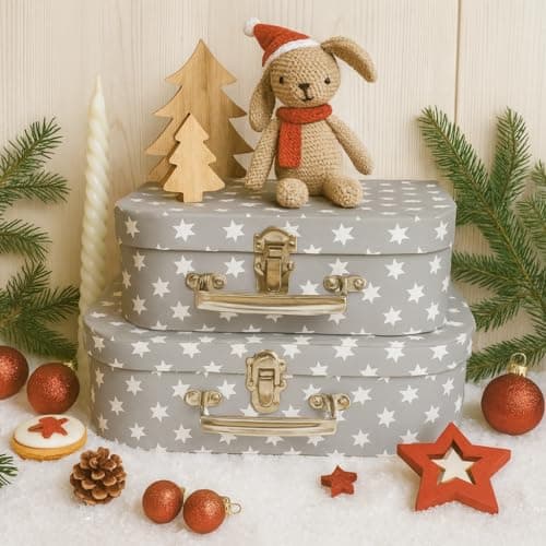 Hoolaroo Gift Box Suitcases with Metal Handles, Grey with White Stars Pattern, Set of 2, Small 20cm x 15cm x 8.5cm, Large 25cm x 18cm x 9cm — view 2