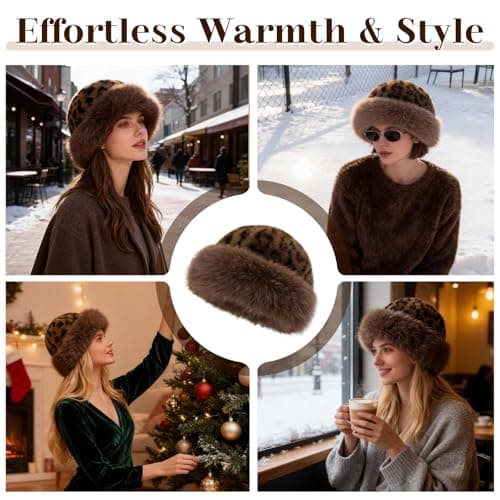 Faux Fur Bucket Hat for Women, Russian Style Winter Fluffy Fuzzy Ladies Hats Travel Hiking Work Home, Chapeau Fourrure Femme Winter Fashion Gift (Leopard) — view 5