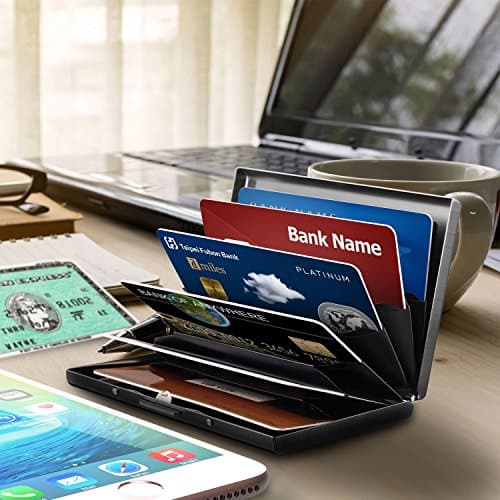Enyoir Slim RFID Credit Card Protector Wallet, Block Identity Thieves, Stainless Steel Aluminum Metal Holder Case with 6 PVC Slots (Black) — view 4