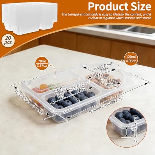 CBWERBB 9oz Reusable Snack Container with Lids,20/30 Pack 3 Compartment Large Capacity Condiment Portion Control Meal Prep Containers,Portable Sauce Snack Pots for School Go out Travel Party(20 Pack) — view 2