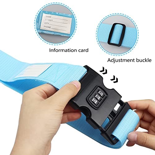 Luggage Strap, 2pcs Suitcase Straps with Password Lock Information Card, Adjustable Travel Packing Accessories Suitcase Belts with Buckle (Blue, 2 PCS Set) — view 4