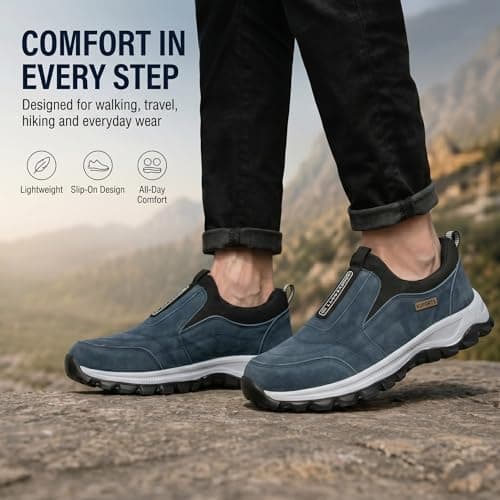 Mens Slip On Trainers Wide Fit Waterproof Walking Shoes (Blue, Adult, Men, 6, Numeric, UK Footwear Size System, Medium) — view 2