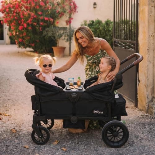 INFANS Wagon Stroller for 2 Kids, Collapsible Adjustable Push Pull Handle Bar, 2 Seater Stroller Wagon with Removable Canopy Snack Tray, Comfortable Drop-Down footwell and Upholstered Seats (Black) — view 6