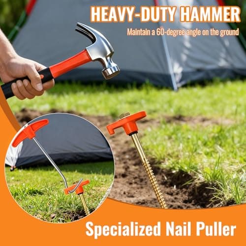 12 Pack Tent Pegs Metal Heavy Duty, Metal Tent Pegs with Thread and Camping Mallet, Includes Drill Adapter & Nail Puller, Ground Anchors for Camping Peg Heavy Duty for Hard Ground, with A T-Handle — view 4