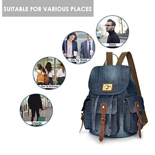 CHEREEKI Denim Backpack, Canvas Backpack for Work, Travel, School, 14 Inch Laptop, Large Retro Backpack for Women, Men, Blue, Blue, Taille unique, Retro — view 6
