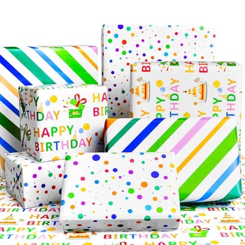 Isaspire Birthday Wrapping Paper Folder Set - 12 Sheets, 20x29 Inch Each, Adorned with Polka Dots, Stripes & 'Birthday' Charms for Boys, Girls, Women, Men, Ideal Gift Wrap for Holiday Party