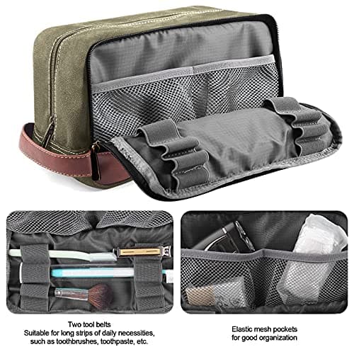Seemeroad Travel Toiletry Bag for Men and Women, Canvas Toiletry Organizer Water-Resistant Vegan Leather, Hanging Dopp Kit Shaving Bag for Toiletries Accessories (Army Green, Large) — view 2
