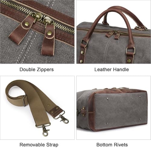 S-ZONE Mens Canvas Leather Holdall Travel Duffle Overnight Weekend Satchel Totes Bag Handbags (Grey (Big Size: 54 x 23 x 42CM)) — view 6