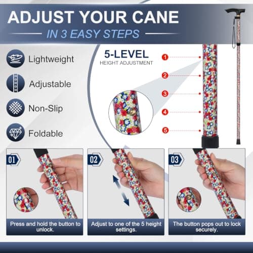 supregear Walking Stick - Adjustable Folding Walking Sticks for Women and Men - Lightweight Portable Collapsible Balancing Aid - Foldable Travel Cane for Ladies Elderly Adults, White Dense Blossoms — view 3