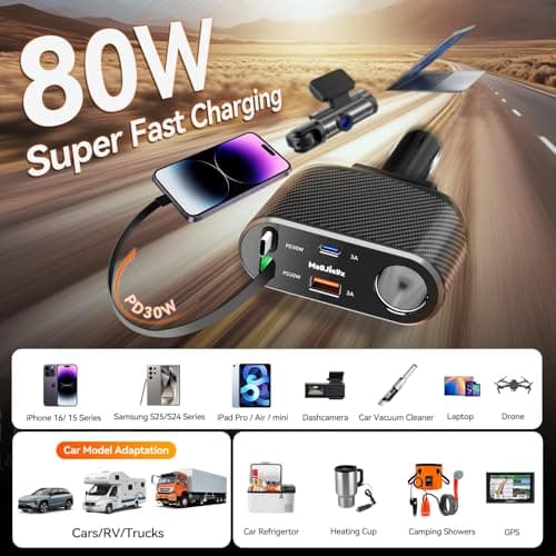 Magjieyx Retractable Car Charger, 180W Cigarette Lighter Splitter Fast Charging Socket with Replaceable Fuse Dual Type C Cables Compatible with iPhone 17/16/15/14/13/12/11 Pro Max Plus iPad Galaxy — view 4