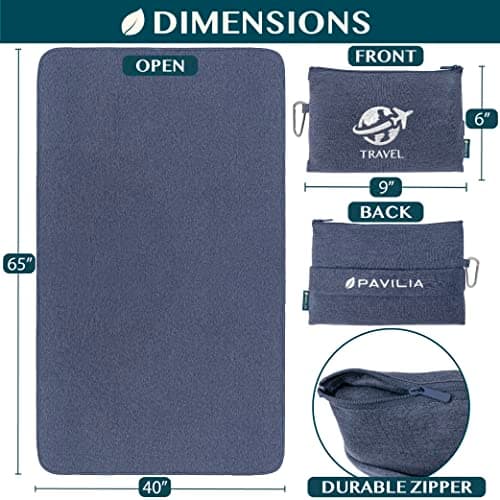 PAVILIA Travel Blanket Compact, Airplane Packable Bag, Soft Fleece Portable Throw Pillow Combo Set, Plane Flight Car Trips Essentials Gift Accessories, Luggage Backpack Clip, Navy Blue, 65 x 40 inch — view 6