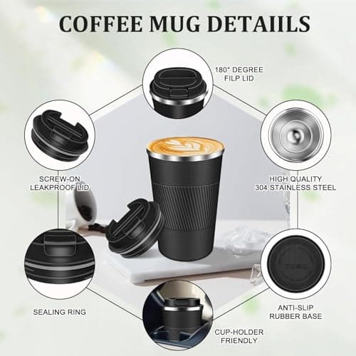 qisheng Coffee Travel Mug, 380ml Insulated Coffee Cup with Leakproof Lid- Reusable Cups Stainless Steel Double Wall Vacuum Thermal Mug for Hot and Cold Water Tea - White — view 3