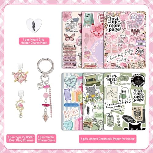 HTTDSLF Set of Decorative Accessories for Kindle Paperwhite 11th/12th Generation, 6 Pcs Inserts for Clear Case for eReader and 2 Pieces of Anti-Dust Charms, Retro Charm Set for Telephone — view 2