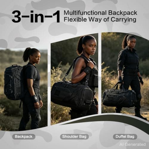 3-in-1 Travel Duffel Bag Backpack for Men Women 45L Tactical Gym Duffle & Sports Holdall Bag with Shoe Compartment & Wet Pocket Carry on Weekend Overnight Bags for Traveling Hiking, Black — view 2
