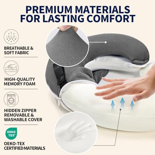 BUYUE Travel Neck Pillows for Airplanes, 360° Head Support Sleep for Long Flight, Skin-Friendly & Breathable, Kit with 3D Contoured Eye Mask, Earplugs and Storage Bag (Adult, Grey, 100+ lbs) — view 4