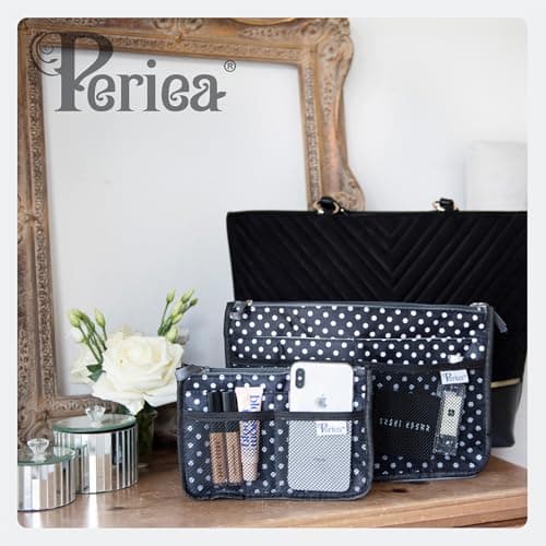 Periea 'Chelsy' Set of 3 Handbag Organiser Inserts - Women's Travel Cosmetic Bags with Zipper Closure - Expandable Liner Pouches (Small, Medium and Large) - Black with Neon Coral Zip — view 2