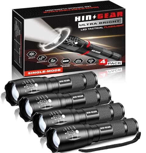 HinsGEAR 1 Mode LED Torch 2000 Lumen Gift for Men Dad Kid, Bright Powerful Torches Water Resistant Flashlight for Camping Emergency, 4 Pack (Powered by 3xAAA or 1x18650 Battery, Not Included)