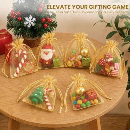 Admygo Gold Organza Bags 50PCS, Small Gift Bags 7x9 cm Clear Mesh Pouches with Drawstring, Mini Favour Bags for Wedding, Christmas, Birthday, Candy, Jewellery, Party Supplies — view 4