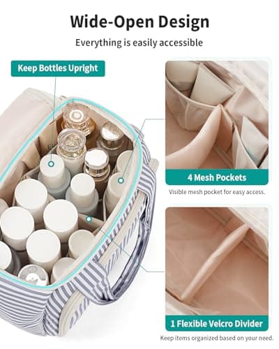 Narwey Large Toiletry Bag for Women, Travel Wash Bag Women for Full Size Toiletries, Wide Open Toiletries Bag Makeup Cosmetic Organizer Bag for Essentials Accessories (Greyish Blue Stripe) — view 2