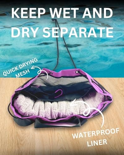 JIMJOOS Drawstring Mesh Swimming Bag - 25L Waterproof Swim Bag with Wet/Dry Compartment, Multifunctional Sports Backpack for Kids, Adults, Swimming, Surfing, Beach, Gym (Purple) — view 2