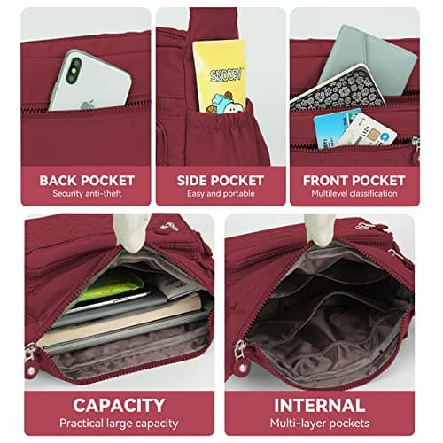 Womens Multi Pocket Casual Waterproof Crossbody Handbags Shoulder Messenger Bag for Travel Hiking Daily (Burgundy) — view 3