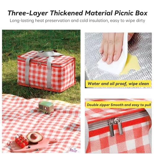 Insulated Picnic Baskets with Large Capacity Picnic Bag and Blanket, Portable Waterproof Beach Bags for Hot or Cold Outdoor Activities, Red — view 2
