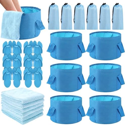 FillTouch 6 Sets Foldable Foot Bath Kit 15L Collapsible Foot Soaking Tub Bathroom Towels Women Adult Foldable Slippers with Storage Bag Spa Soak Pedicure Bath for Travel Camping(Sky Blue)