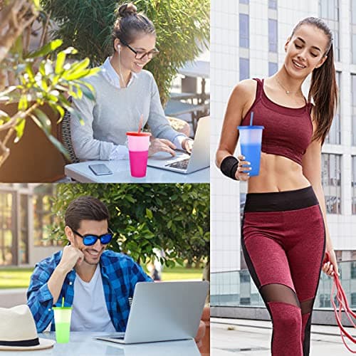 CUJIM Reusable Color Changing Cup - 5 Pack 24oz Travel Iced Coffee Mug Tumbler with Straw Lid,Plastic Smoothie Milkshake Bottle Magic Cold Drink Party Water Cups & Go Cup for Kids Adults — view 5
