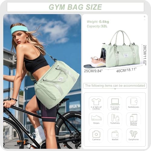 HYC00 Sports Gym Bag Womens Men with Shoes Compartment & Wet Pocket,Waterproof Sports Duffle Bag Weekend Overnight Bags Travel Duffle Bags for Women Hospital Holdall for Fitness Yoga Tote,Mint Green — view 2