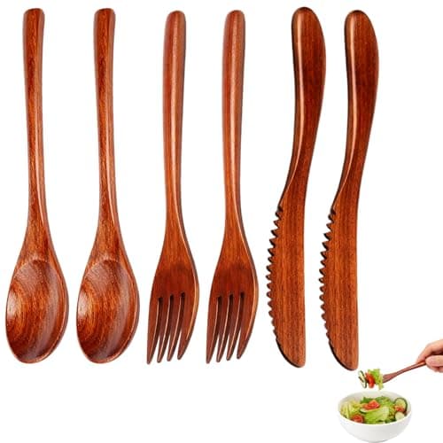 QyueQyat 6-piece Bamboo Cutlery Set with Forks Spoons Knives, Cutlery, Wooden Utensil for Dining, Portable Travel and