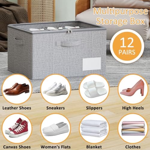 WANGIRL Fabric Shoe Storage Box, Fits 12 Pairs, Foldable Shoe Organiser for Wardrobe with Clear Lids, Bottom Support and Reinforced Handles, 1 Pack Grey — view 3