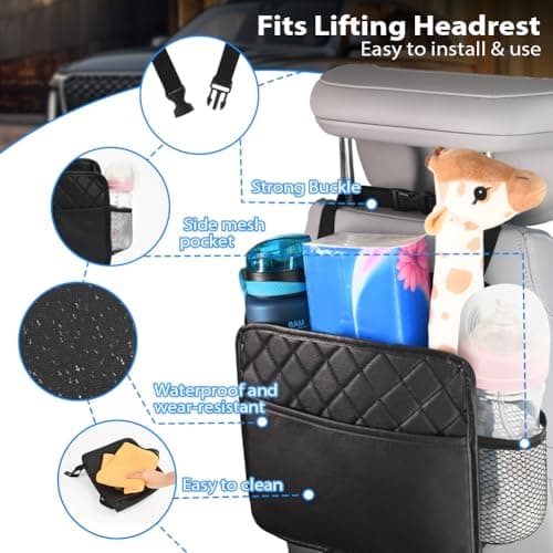 Adiwo Hanging Car Storage Bag, Waterproof Leather Back Seat Organizer, Multifunctional Travel Car Seat Back Bag with Cup Holders, Foldable, Easy to Clean, for Phones, Toys, Snacks,Documents,Premium — view 3