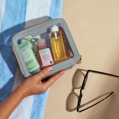 Vegan Leather Toiletry Organizer - Clear PVC Zippered Makeup Bag for Travel & Bathroom - Men & Women (Grey/Blue) — view 3