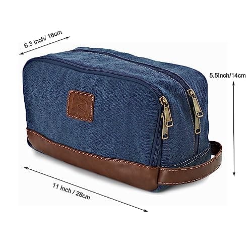Seemeroad Travel Toiletry Bag for Men and Women, Canvas Toiletry Organizer Water-Resistant Vegan Leather, Hanging Dopp Kit Shaving Bag for Toiletries Accessories (Blue, Large) — view 3