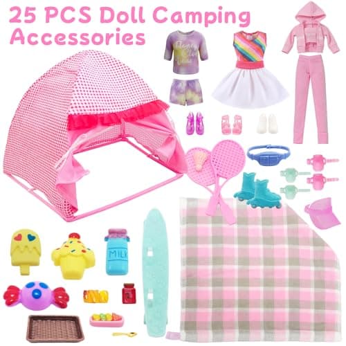25 Pcs Doll Clothes Travel Camping Tent Compatible, 1 Tent 1 Dress 1 Fashion 1 Leisure 3 Shoes 10 Picnic Food Toy 8 Outdoor Accessories Playset Set for 11.5 Inch Doll Girls Gift — view 2
