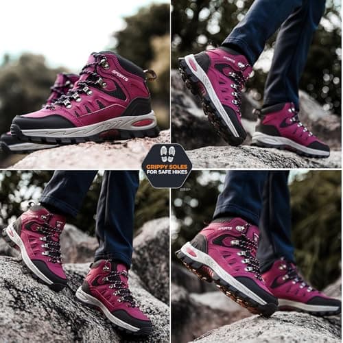 HODTOB Hiking Boots Mens Womens Lace-up Non-Slip Outdoor Men Women Mountain Trekking Shoes for All Season Walking Travelling Backpacking Camping Shoes Sneaker Rose Red 3UK — view 6